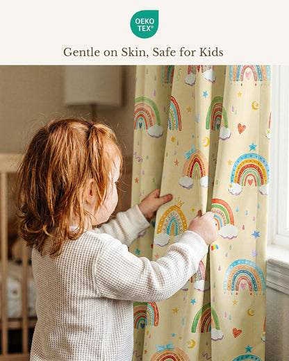 NICETOWN 100% Blackout Rainbow Yellow Curtains, Cartoon Grommet Window Drapes for Kids Bedroom Nursery, Thermal Insulated Room Darkening Treatments, 2 Panels, 52" x 84", Paler Yellow