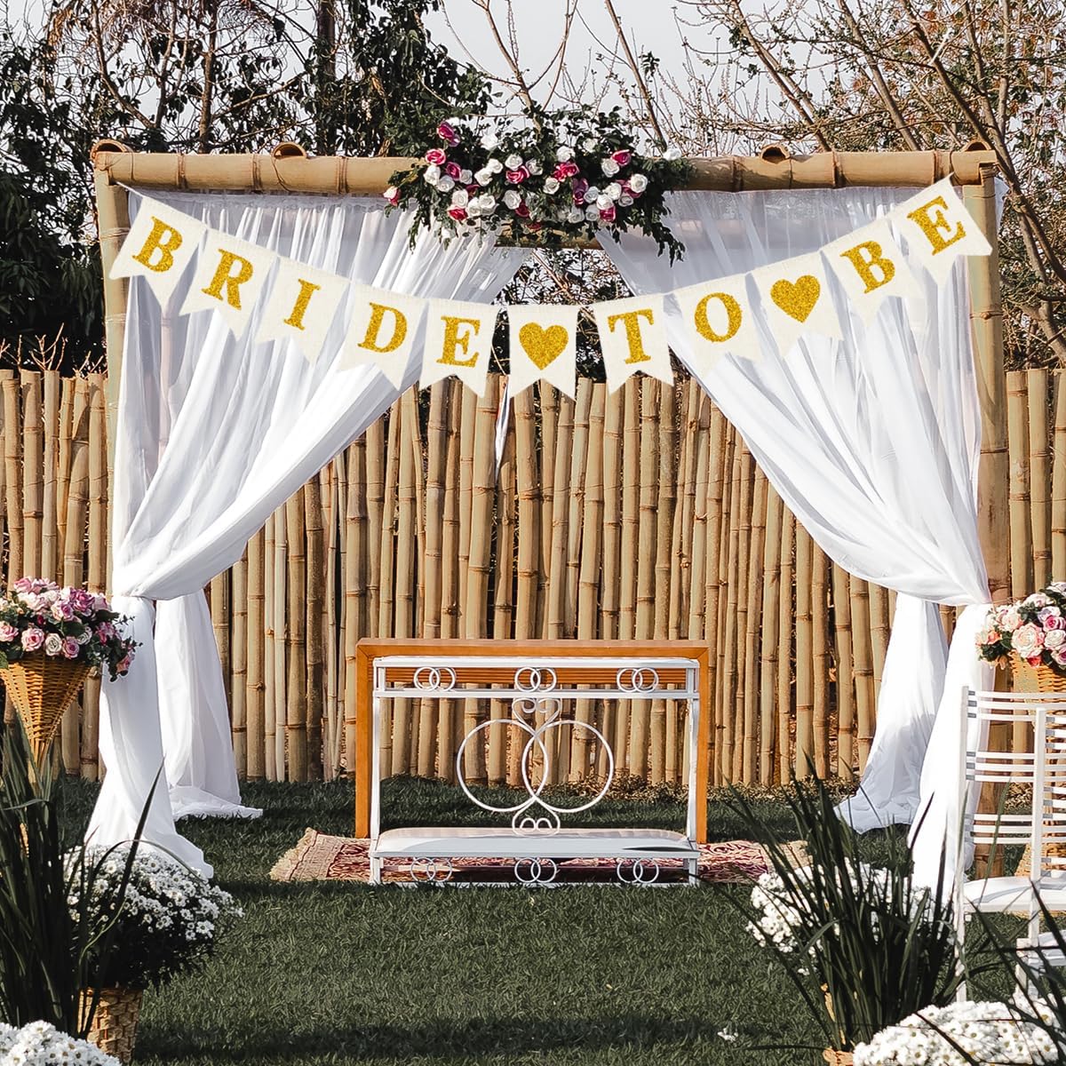 Burlap Bride To Be Banner, Prestrung Bridal Shower Sign, Gold and White Bridal Shower/Bachelorette Party Decorations
