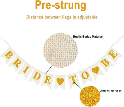 Burlap Bride To Be Banner, Prestrung Bridal Shower Sign, Gold and White Bridal Shower/Bachelorette Party Decorations
