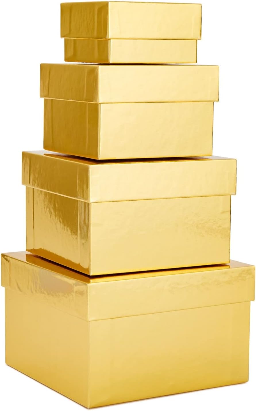 4-Pack Square Gold Nesting Gift Boxes with Lids - Assorted 4 Sizes (6.25 x 6.25 x 4 in to 3.25 x 3.25 x 2 in) - Space-Saving & Stackable - Decorative Gold Gift Boxes