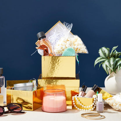 4-Pack Square Gold Nesting Gift Boxes with Lids - Assorted 4 Sizes (6.25 x 6.25 x 4 in to 3.25 x 3.25 x 2 in) - Space-Saving & Stackable - Decorative Gold Gift Boxes