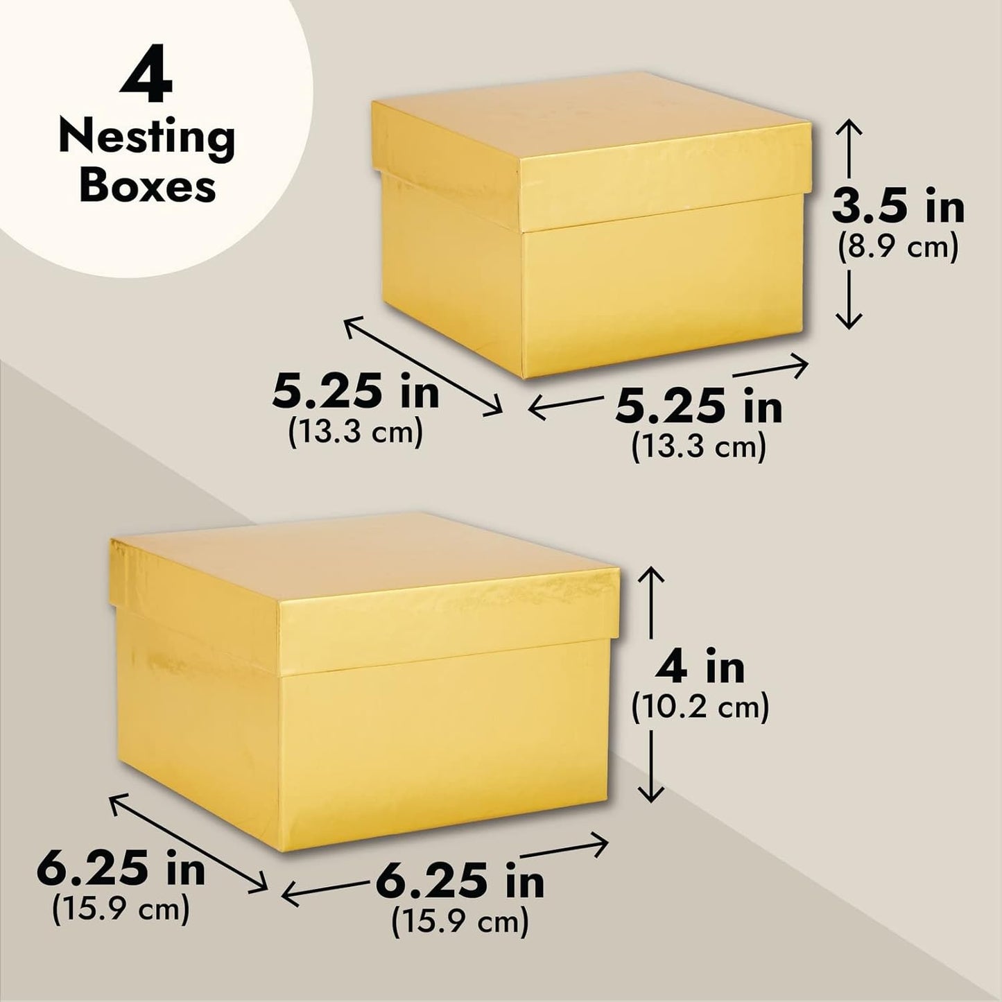 4-Pack Square Gold Nesting Gift Boxes with Lids - Assorted 4 Sizes (6.25 x 6.25 x 4 in to 3.25 x 3.25 x 2 in) - Space-Saving & Stackable - Decorative Gold Gift Boxes