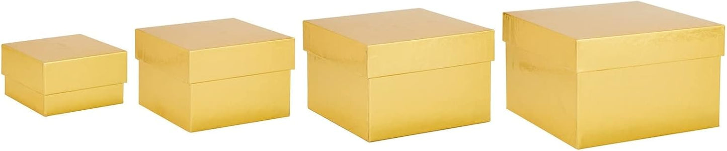 4-Pack Square Gold Nesting Gift Boxes with Lids - Assorted 4 Sizes (6.25 x 6.25 x 4 in to 3.25 x 3.25 x 2 in) - Space-Saving & Stackable - Decorative Gold Gift Boxes