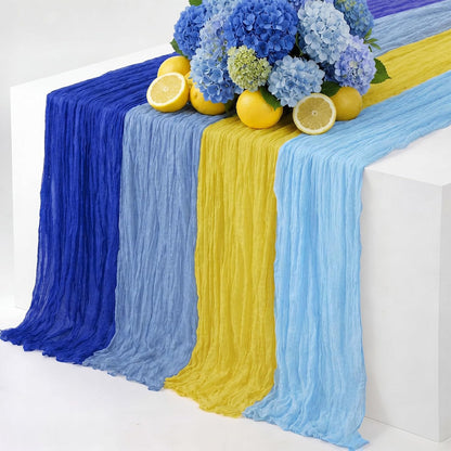 4 Pack Amalfi Coast Blue Yellow Lemon Cheesecloth Table Runner 10 ft Capri Lemon Italian Gauze Cloth Sheer Table for Wedding Bridal Baby Shower Mediterranean Party Decoration