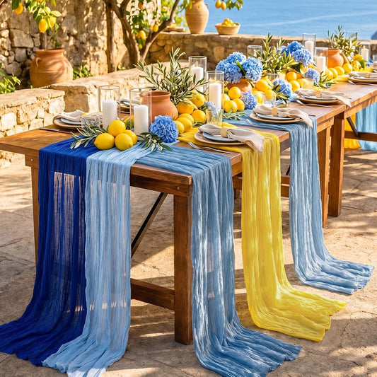 4 Pack Amalfi Coast Blue Yellow Lemon Cheesecloth Table Runner 10 ft Capri Lemon Italian Gauze Cloth Sheer Table for Wedding Bridal Baby Shower Mediterranean Party Decoration