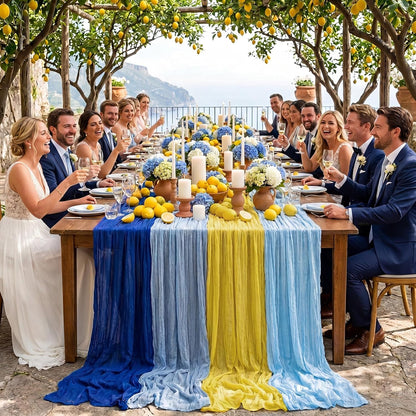 4 Pack Amalfi Coast Blue Yellow Lemon Cheesecloth Table Runner 10 ft Capri Lemon Italian Gauze Cloth Sheer Table for Wedding Bridal Baby Shower Mediterranean Party Decoration