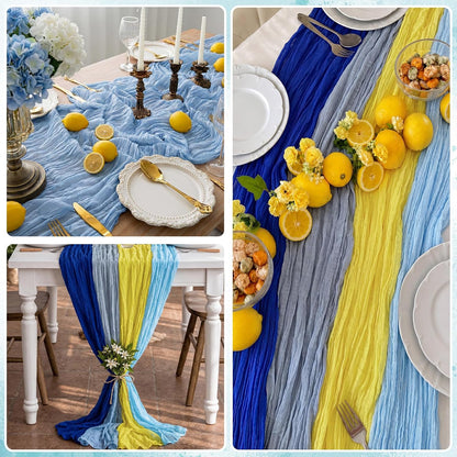 4 Pack Amalfi Coast Blue Yellow Lemon Cheesecloth Table Runner 10 ft Capri Lemon Italian Gauze Cloth Sheer Table for Wedding Bridal Baby Shower Mediterranean Party Decoration
