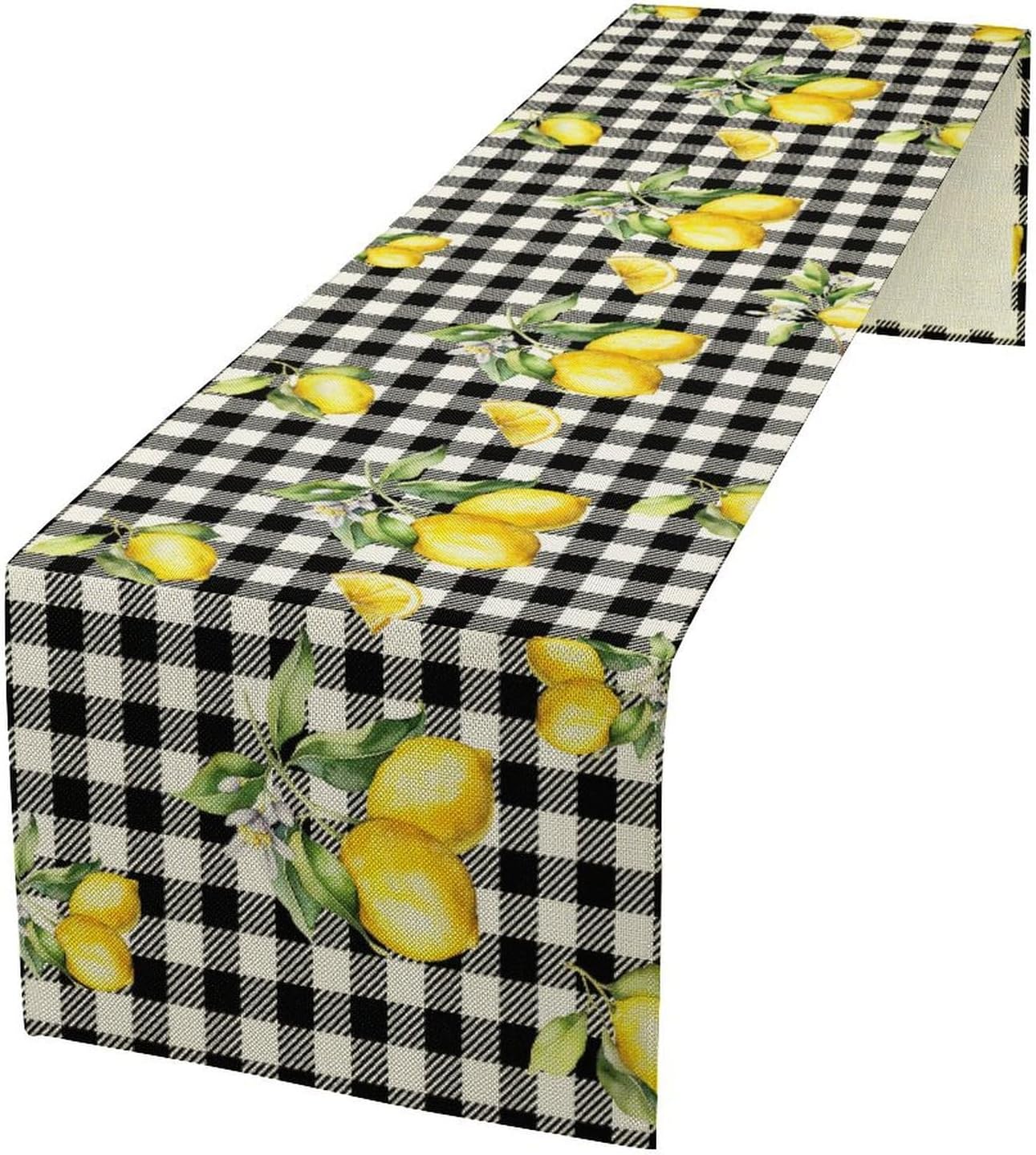 Fresh Lemon Table Runner, Yellow Lemon Black White Buffalo Check Plaid Table Runner for Farmhouse Coffee Home Kitchen Dining 13x36in