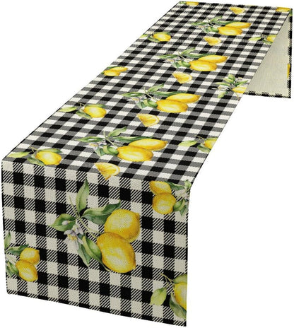 Fresh Lemon Table Runner, Yellow Lemon Black White Buffalo Check Plaid Table Runner for Farmhouse Coffee Home Kitchen Dining 13x36in