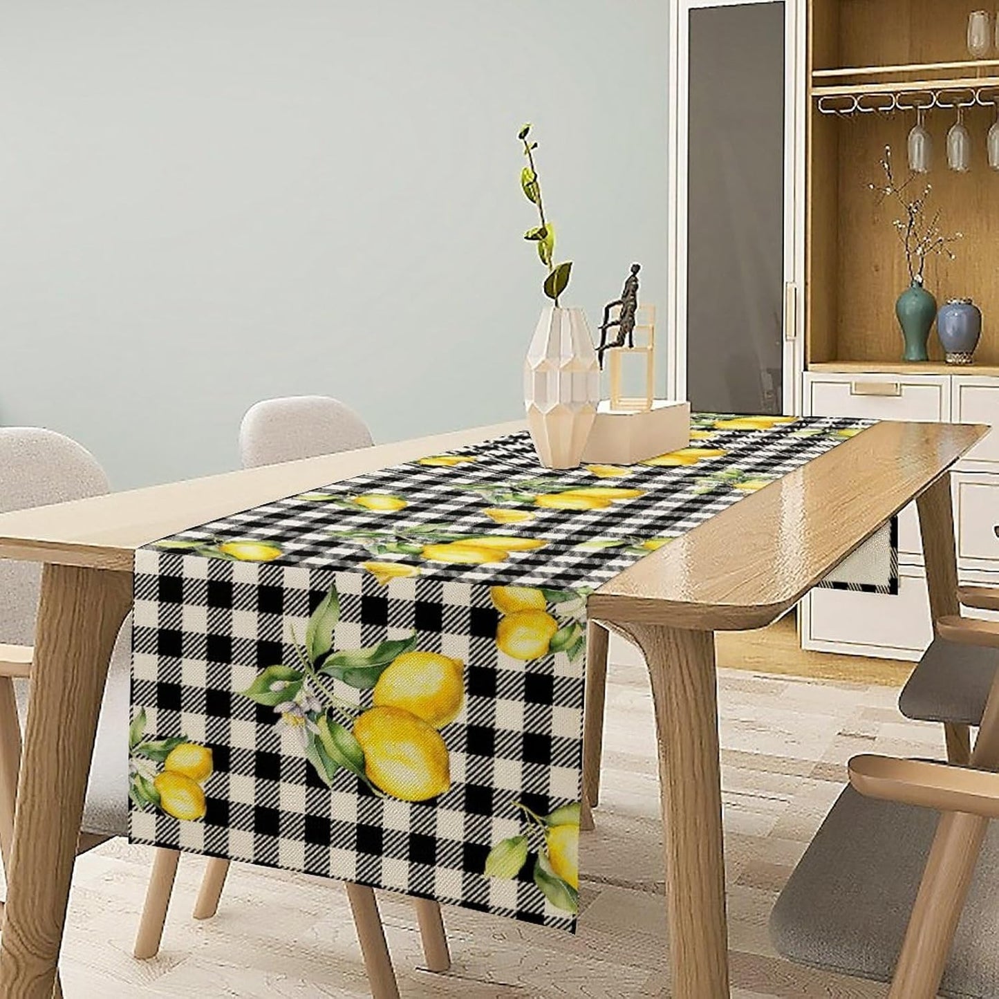 Fresh Lemon Table Runner, Yellow Lemon Black White Buffalo Check Plaid Table Runner for Farmhouse Coffee Home Kitchen Dining 13x36in