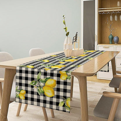 Fresh Lemon Table Runner, Yellow Lemon Black White Buffalo Check Plaid Table Runner for Farmhouse Coffee Home Kitchen Dining 13x36in