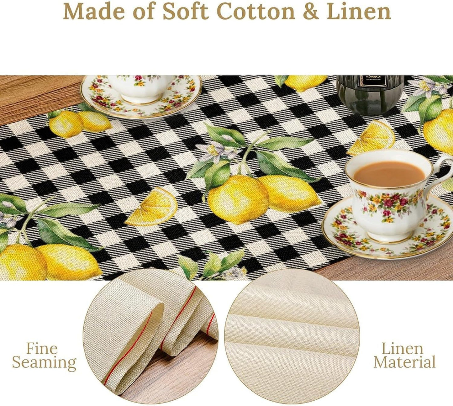 Fresh Lemon Table Runner, Yellow Lemon Black White Buffalo Check Plaid Table Runner for Farmhouse Coffee Home Kitchen Dining 13x36in