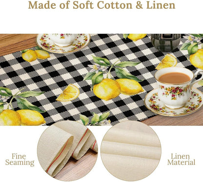 Fresh Lemon Table Runner, Yellow Lemon Black White Buffalo Check Plaid Table Runner for Farmhouse Coffee Home Kitchen Dining 13x36in