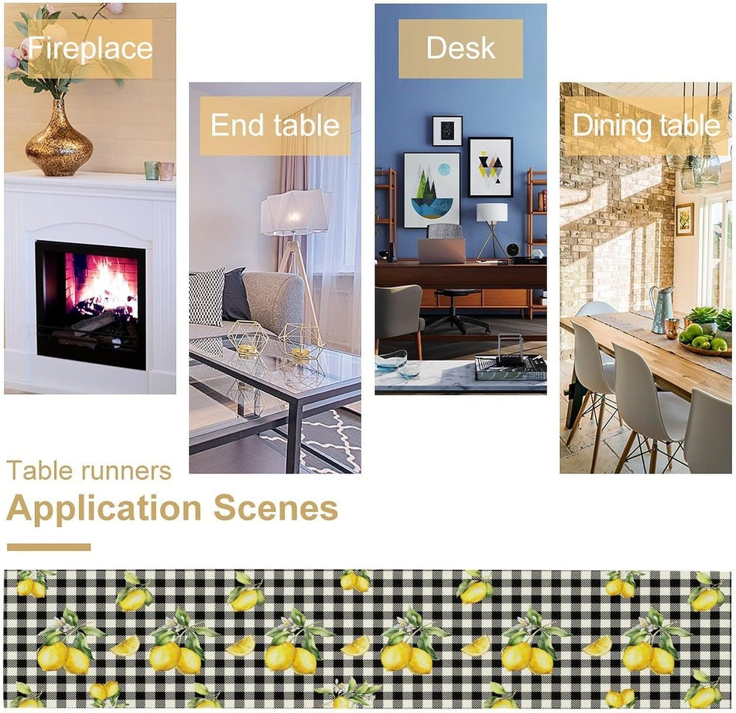 Fresh Lemon Table Runner, Yellow Lemon Black White Buffalo Check Plaid Table Runner for Farmhouse Coffee Home Kitchen Dining 13x36in