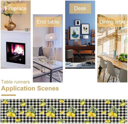 Fresh Lemon Table Runner, Yellow Lemon Black White Buffalo Check Plaid Table Runner for Farmhouse Coffee Home Kitchen Dining 13x36in