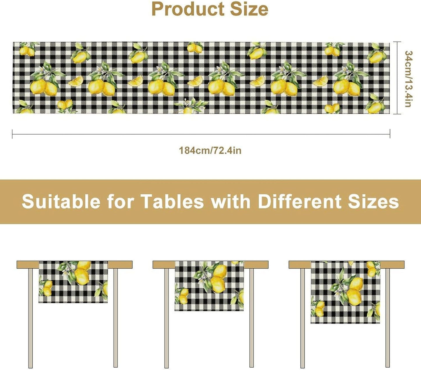 Fresh Lemon Table Runner, Yellow Lemon Black White Buffalo Check Plaid Table Runner for Farmhouse Coffee Home Kitchen Dining 13x36in