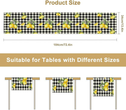 Fresh Lemon Table Runner, Yellow Lemon Black White Buffalo Check Plaid Table Runner for Farmhouse Coffee Home Kitchen Dining 13x36in