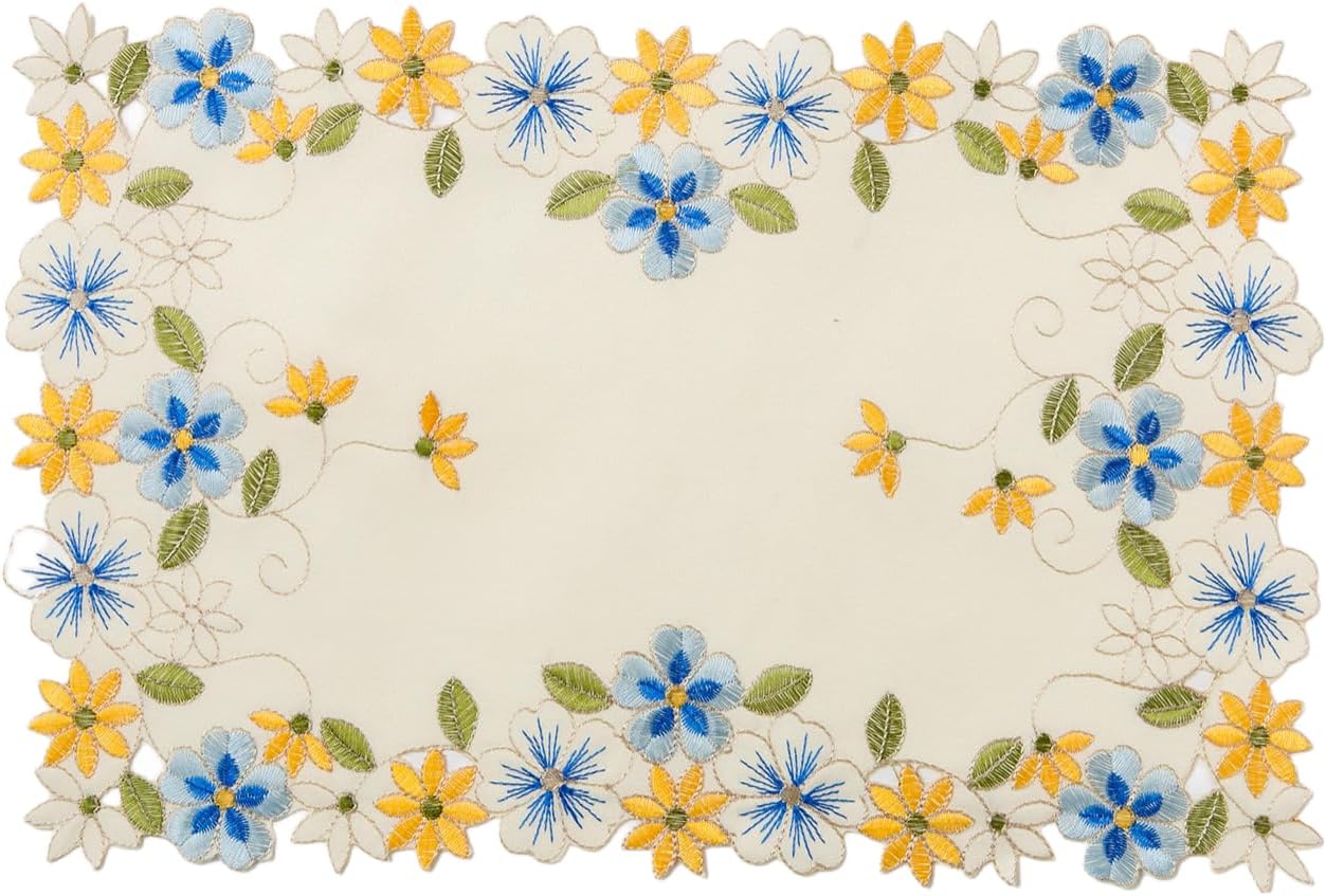 2pack Round lace Doilies,Yellow Blue Floral Cutwork Embroidered Placemats Vase Pads for Wedding Birthday Dinner Party Decor (17 * 11 inch, Blue Yellow Flower)