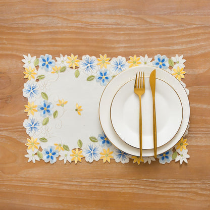 2pack Round lace Doilies,Yellow Blue Floral Cutwork Embroidered Placemats Vase Pads for Wedding Birthday Dinner Party Decor (17 * 11 inch, Blue Yellow Flower)