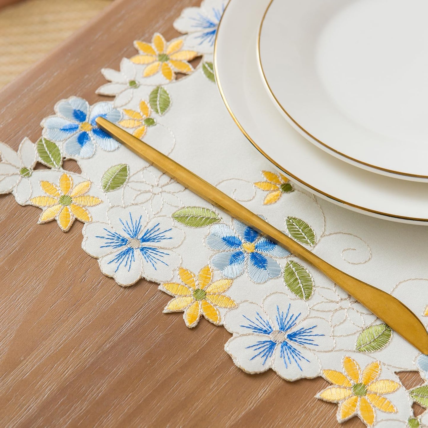 2pack Round lace Doilies,Yellow Blue Floral Cutwork Embroidered Placemats Vase Pads for Wedding Birthday Dinner Party Decor (17 * 11 inch, Blue Yellow Flower)