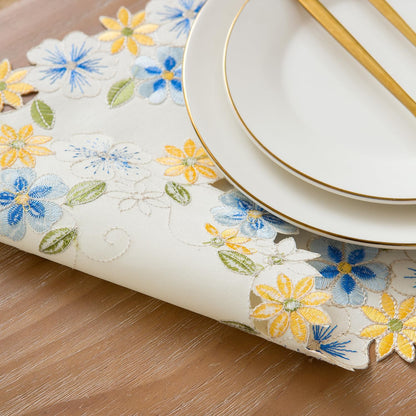 2pack Round lace Doilies,Yellow Blue Floral Cutwork Embroidered Placemats Vase Pads for Wedding Birthday Dinner Party Decor (17 * 11 inch, Blue Yellow Flower)