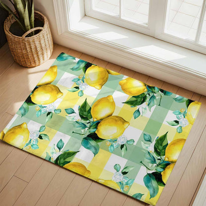 2x3ft Washable Area Rug,Fluffy Large Carpet Summer Lemon Fruit Green Leaf Soft Indoor Rugs Non-Slip Accent Floor Mat for Living Room Bedroom Office Decor,Light Yellow Green Check