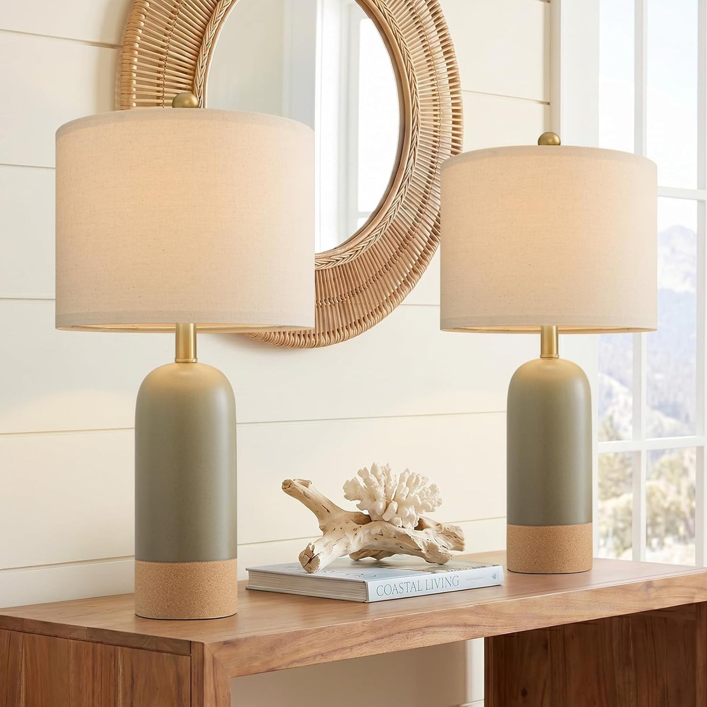 24'' Hand-Textured Green Table Lamps for Bedroom, Farmhouse Bedside Lamps Set of 2 for Living Room, Modern Ceramic Nightstand Lamps for Guest Room Home Office Gift, Matte Green & Earthy Yellow