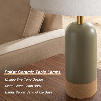 24'' Hand-Textured Green Table Lamps for Bedroom, Farmhouse Bedside Lamps Set of 2 for Living Room, Modern Ceramic Nightstand Lamps for Guest Room Home Office Gift, Matte Green & Earthy Yellow