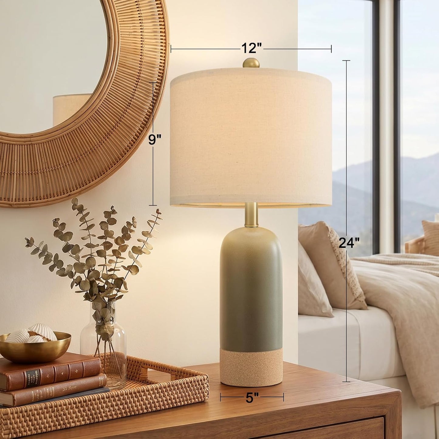 24'' Hand-Textured Green Table Lamps for Bedroom, Farmhouse Bedside Lamps Set of 2 for Living Room, Modern Ceramic Nightstand Lamps for Guest Room Home Office Gift, Matte Green & Earthy Yellow