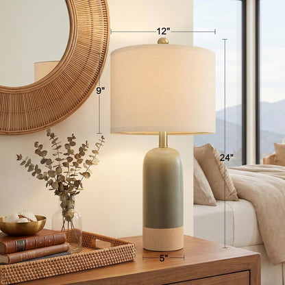 24'' Hand-Textured Green Table Lamps for Bedroom, Farmhouse Bedside Lamps Set of 2 for Living Room, Modern Ceramic Nightstand Lamps for Guest Room Home Office Gift, Matte Green & Earthy Yellow