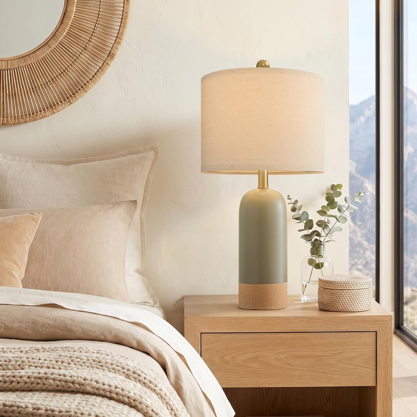 24'' Hand-Textured Green Table Lamps for Bedroom, Farmhouse Bedside Lamps Set of 2 for Living Room, Modern Ceramic Nightstand Lamps for Guest Room Home Office Gift, Matte Green & Earthy Yellow