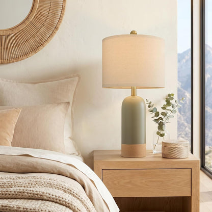 24'' Hand-Textured Green Table Lamps for Bedroom, Farmhouse Bedside Lamps Set of 2 for Living Room, Modern Ceramic Nightstand Lamps for Guest Room Home Office Gift, Matte Green & Earthy Yellow
