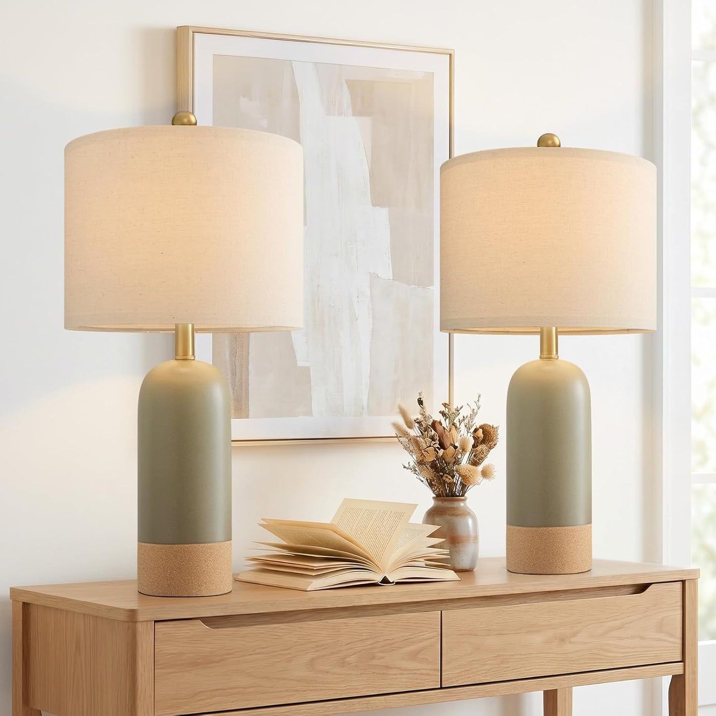 24'' Hand-Textured Green Table Lamps for Bedroom, Farmhouse Bedside Lamps Set of 2 for Living Room, Modern Ceramic Nightstand Lamps for Guest Room Home Office Gift, Matte Green & Earthy Yellow