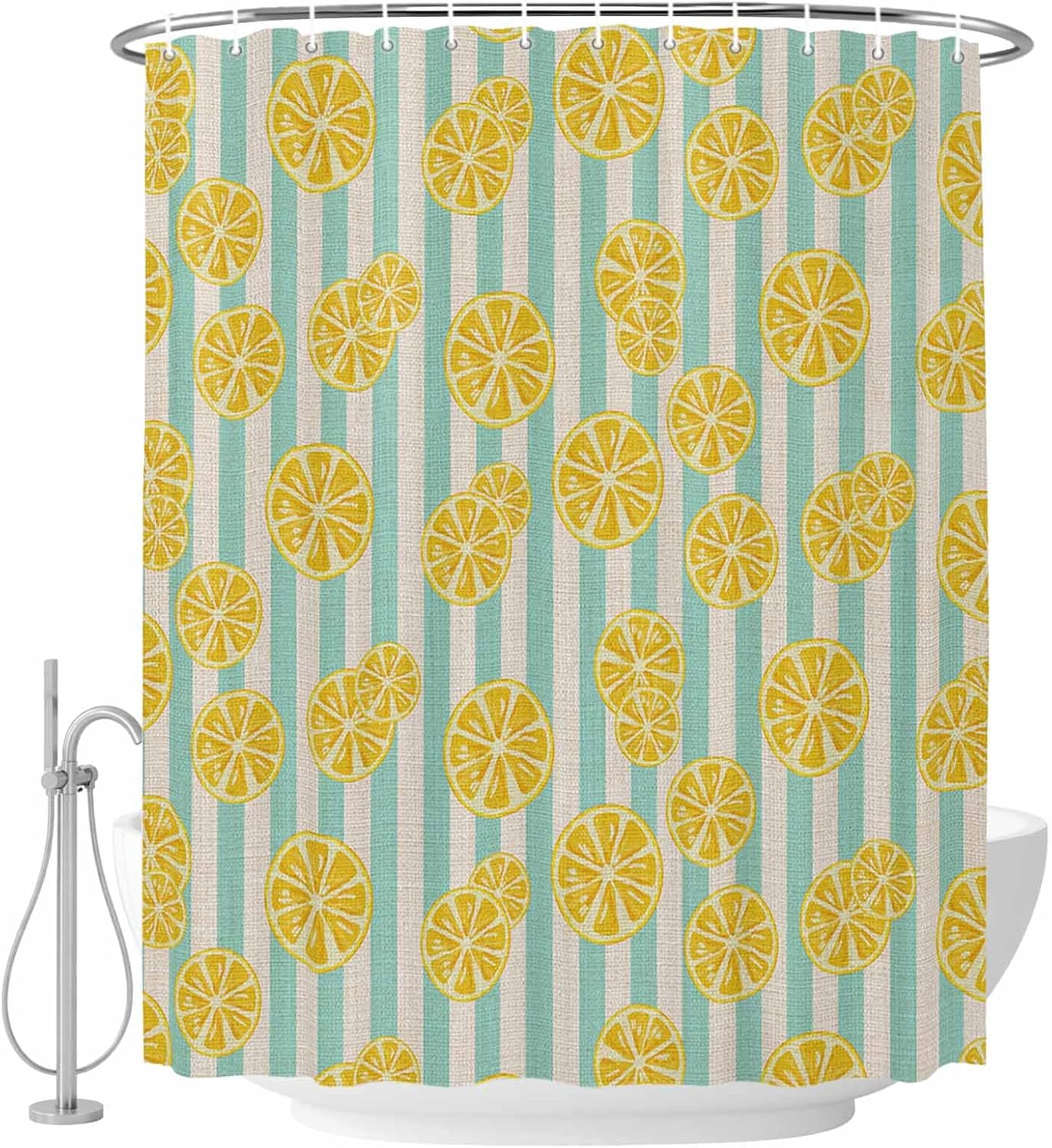 Shower Curtain Yellow Lemon Stripes Waterproof Fabric Bath Curtain with Hooks Summer Fruit White Blue Decorative Shower Curtain Set for Bathroom Bathtub Decor 72 x 72 in