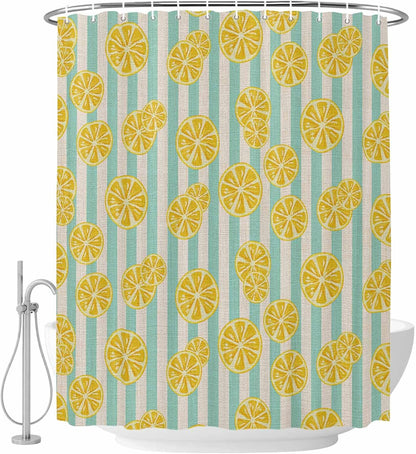 Shower Curtain Yellow Lemon Stripes Waterproof Fabric Bath Curtain with Hooks Summer Fruit White Blue Decorative Shower Curtain Set for Bathroom Bathtub Decor 72 x 72 in