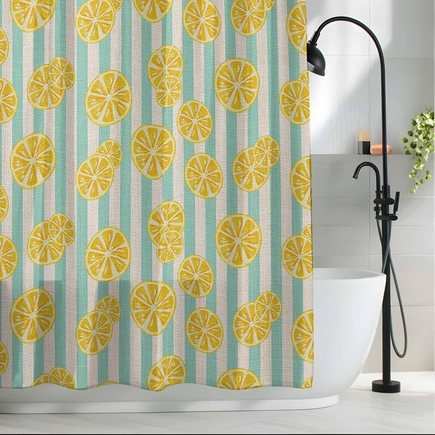Shower Curtain Yellow Lemon Stripes Waterproof Fabric Bath Curtain with Hooks Summer Fruit White Blue Decorative Shower Curtain Set for Bathroom Bathtub Decor 72 x 72 in