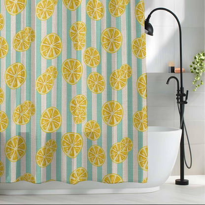 Shower Curtain Yellow Lemon Stripes Waterproof Fabric Bath Curtain with Hooks Summer Fruit White Blue Decorative Shower Curtain Set for Bathroom Bathtub Decor 72 x 72 in