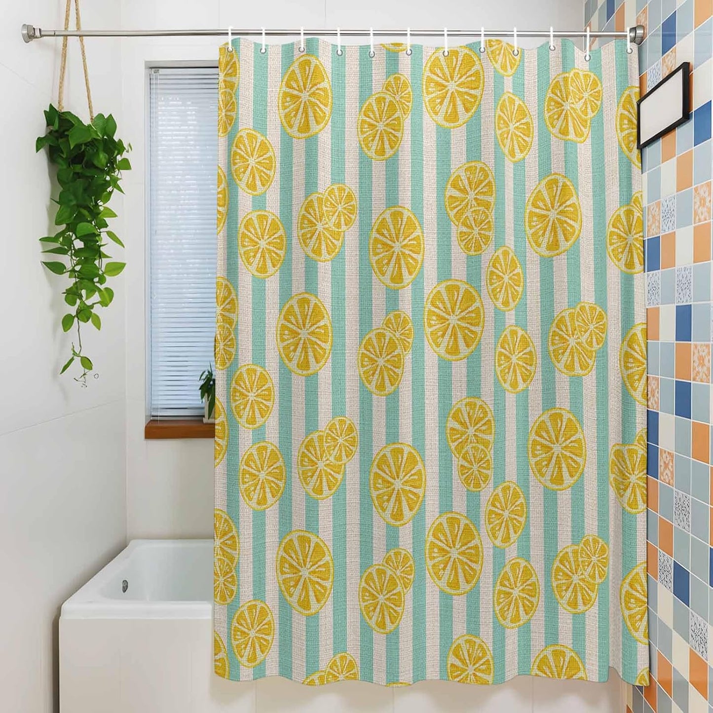 Shower Curtain Yellow Lemon Stripes Waterproof Fabric Bath Curtain with Hooks Summer Fruit White Blue Decorative Shower Curtain Set for Bathroom Bathtub Decor 72 x 72 in