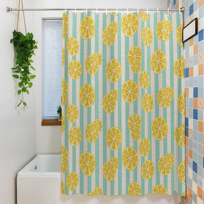 Shower Curtain Yellow Lemon Stripes Waterproof Fabric Bath Curtain with Hooks Summer Fruit White Blue Decorative Shower Curtain Set for Bathroom Bathtub Decor 72 x 72 in