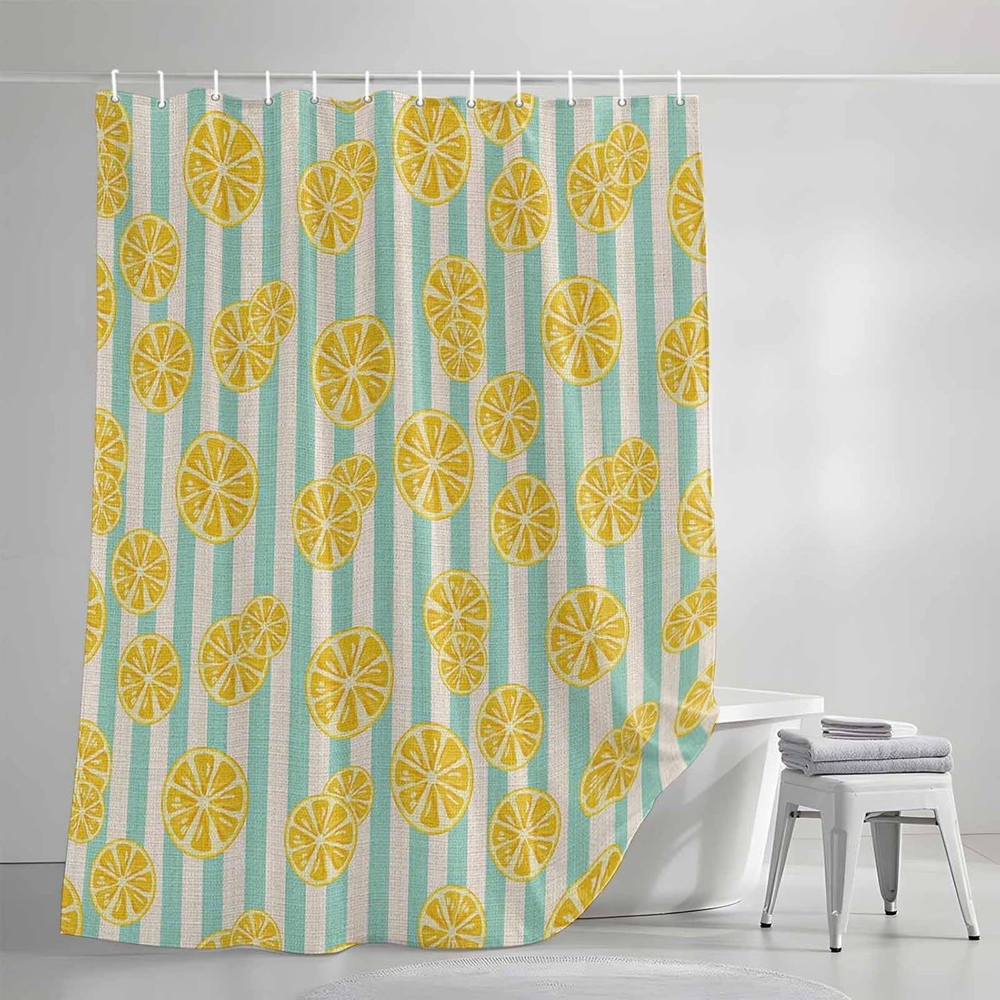 Shower Curtain Yellow Lemon Stripes Waterproof Fabric Bath Curtain with Hooks Summer Fruit White Blue Decorative Shower Curtain Set for Bathroom Bathtub Decor 72 x 72 in