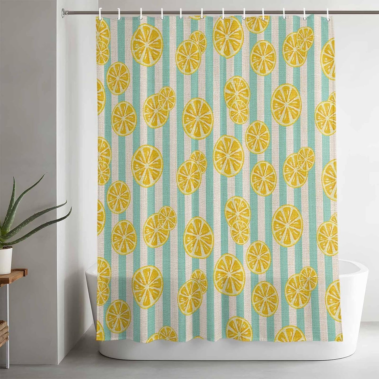Shower Curtain Yellow Lemon Stripes Waterproof Fabric Bath Curtain with Hooks Summer Fruit White Blue Decorative Shower Curtain Set for Bathroom Bathtub Decor 72 x 72 in