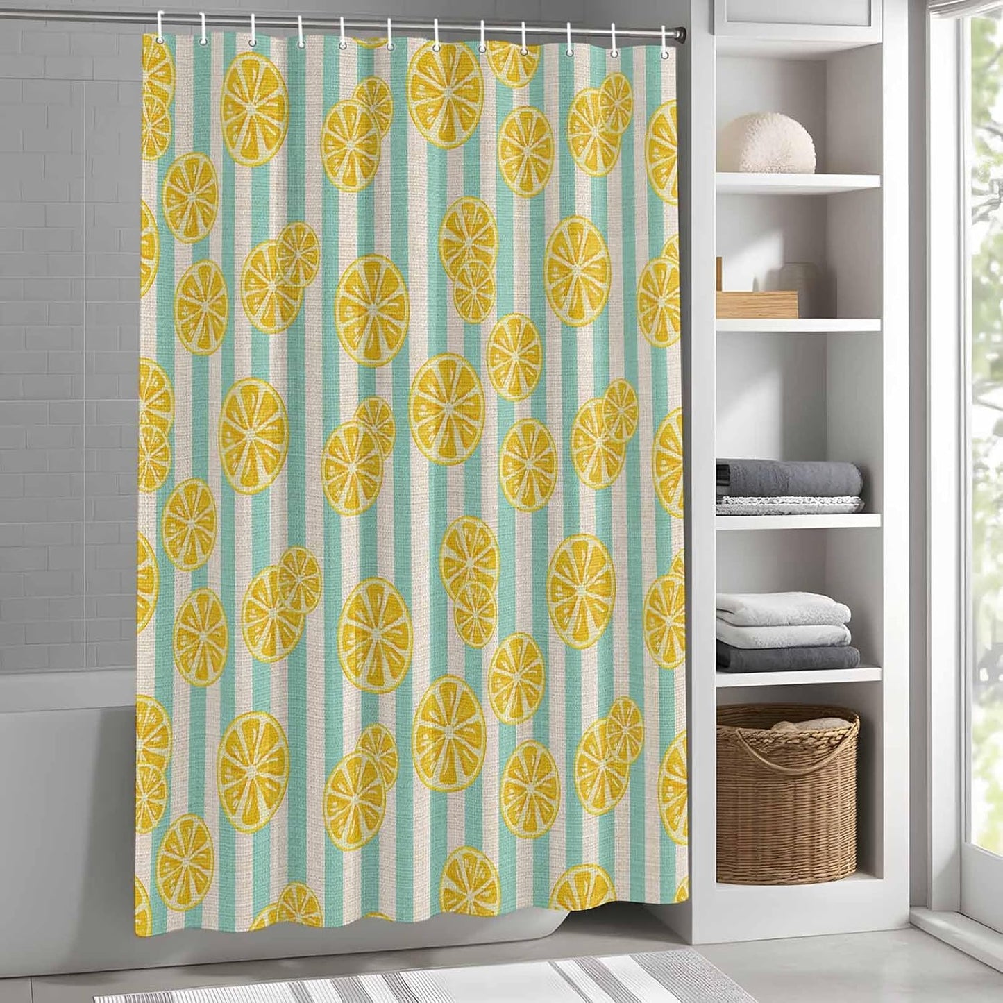 Shower Curtain Yellow Lemon Stripes Waterproof Fabric Bath Curtain with Hooks Summer Fruit White Blue Decorative Shower Curtain Set for Bathroom Bathtub Decor 72 x 72 in