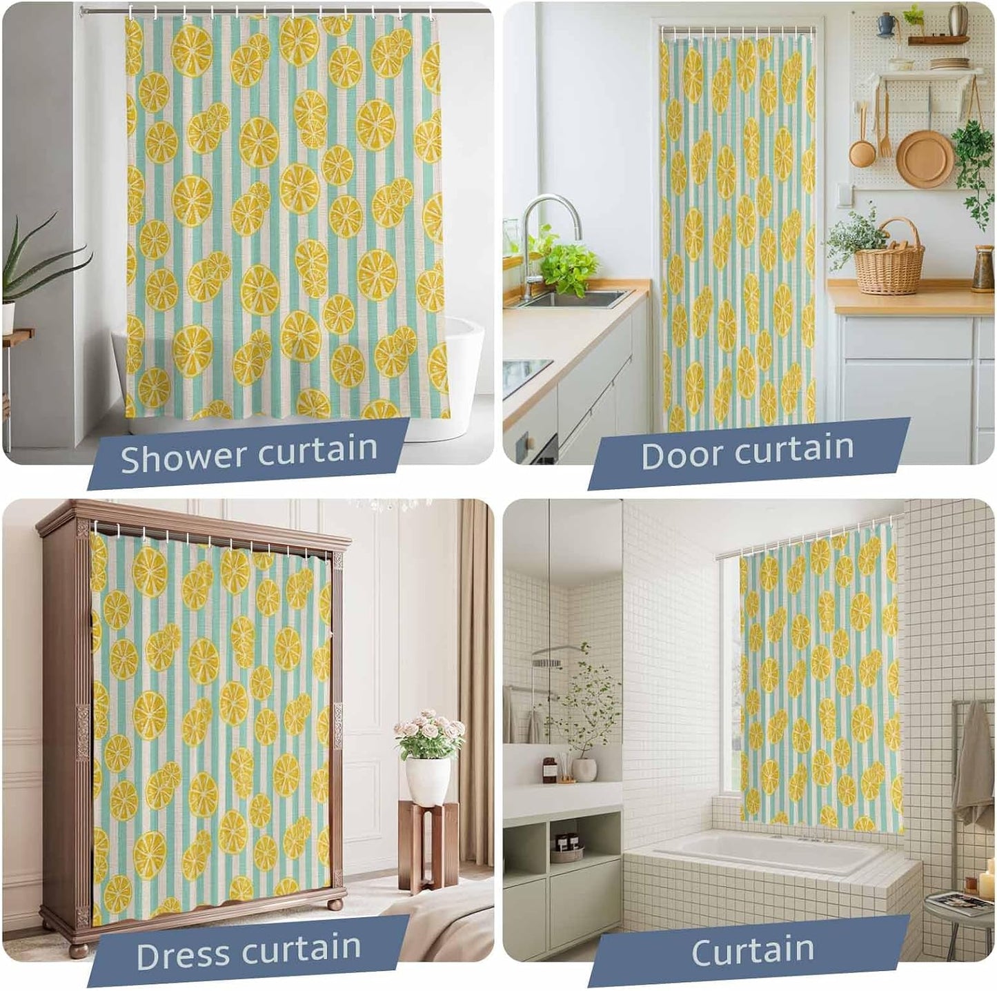 Shower Curtain Yellow Lemon Stripes Waterproof Fabric Bath Curtain with Hooks Summer Fruit White Blue Decorative Shower Curtain Set for Bathroom Bathtub Decor 72 x 72 in