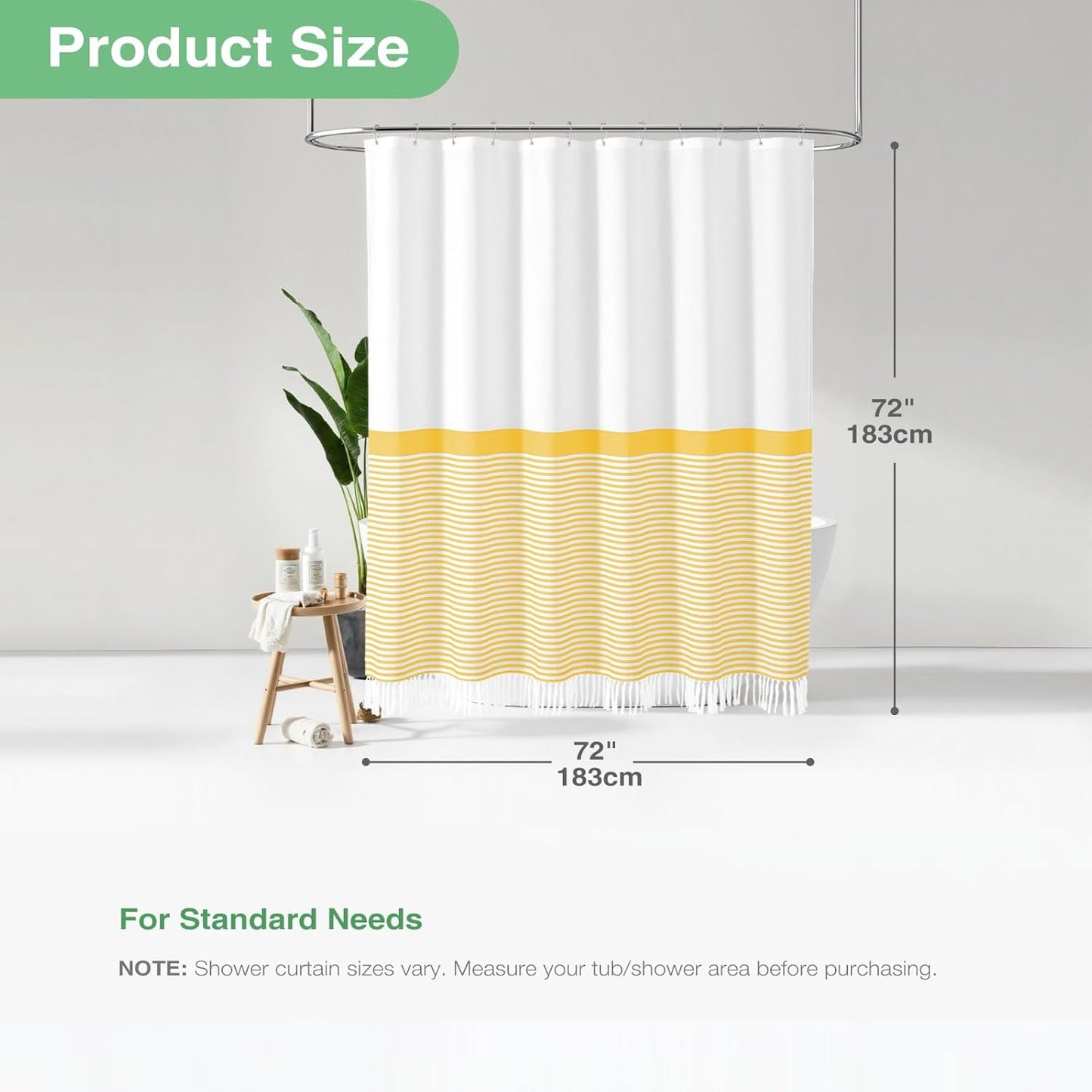 Yellow Fabric Shower Curtain, Farmhouse Boho Striped Tassel Shower Curtain for Bathroom, Bohemian Textured Cloth Shower Curtain Set with Hook, Water Repellent, Wrinkle Free, 72x72