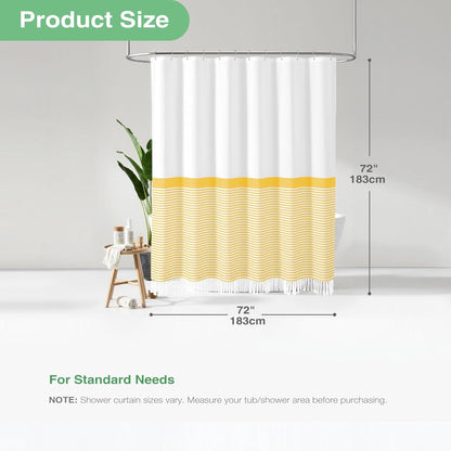 Yellow Fabric Shower Curtain, Farmhouse Boho Striped Tassel Shower Curtain for Bathroom, Bohemian Textured Cloth Shower Curtain Set with Hook, Water Repellent, Wrinkle Free, 72x72