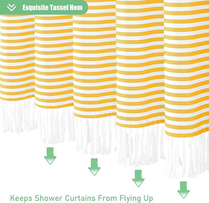 Yellow Fabric Shower Curtain, Farmhouse Boho Striped Tassel Shower Curtain for Bathroom, Bohemian Textured Cloth Shower Curtain Set with Hook, Water Repellent, Wrinkle Free, 72x72