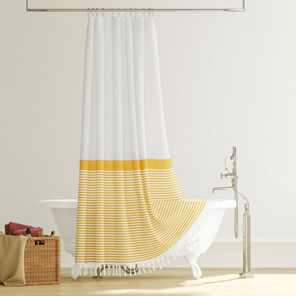 Yellow Fabric Shower Curtain, Farmhouse Boho Striped Tassel Shower Curtain for Bathroom, Bohemian Textured Cloth Shower Curtain Set with Hook, Water Repellent, Wrinkle Free, 72x72