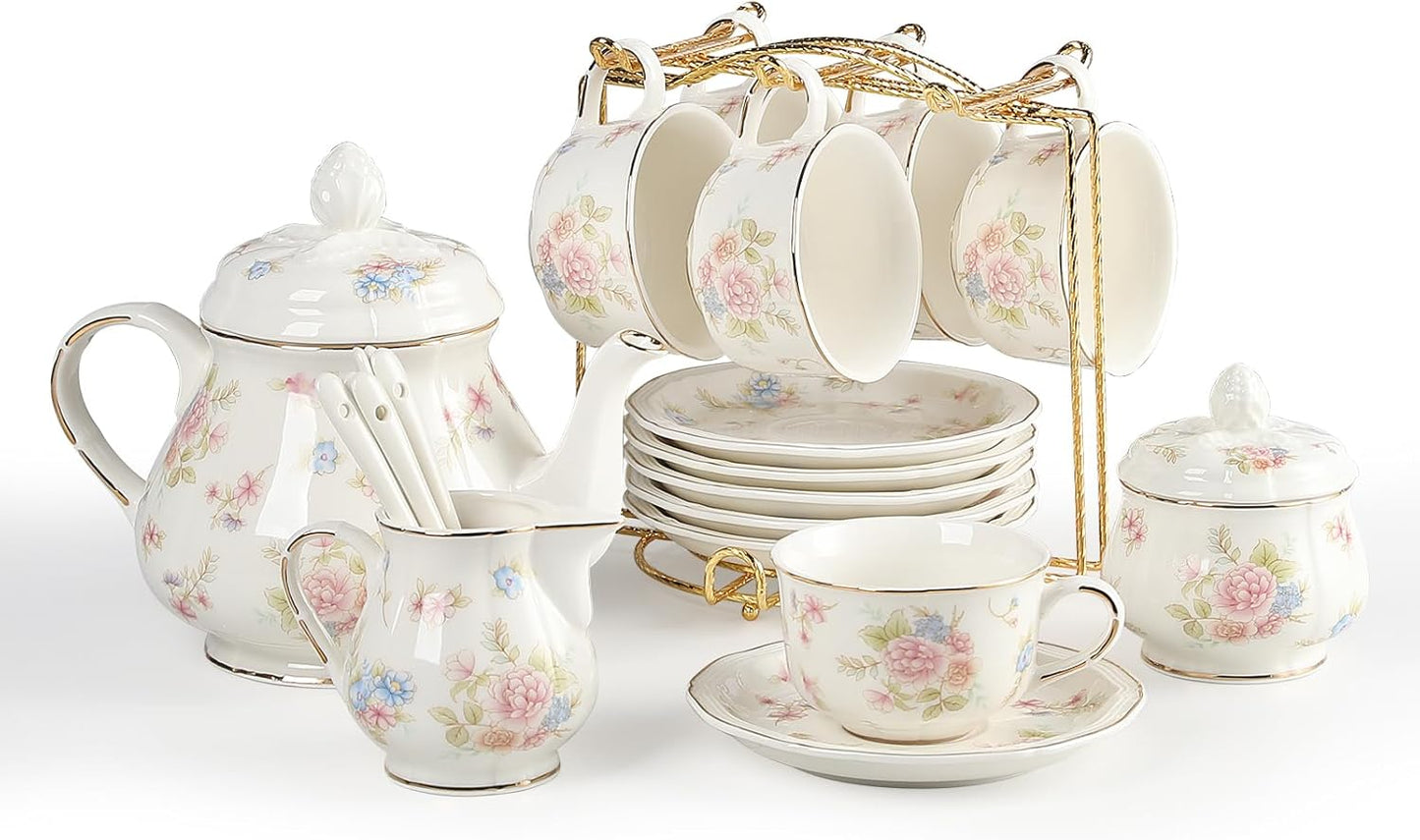 Sweejar 23 Pcs Floral Tea Sets with Metal Holder, Relief Gold Rim Porcelain Tea Sets for Adults, Cup and Saucer Set for 6, with Teapot, Sugar Bowl, Milk Jug, Spoons (Small Flower)