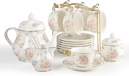 Sweejar 23 Pcs Floral Tea Sets with Metal Holder, Relief Gold Rim Porcelain Tea Sets for Adults, Cup and Saucer Set for 6, with Teapot, Sugar Bowl, Milk Jug, Spoons (Small Flower)
