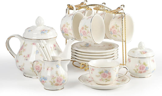 Sweejar 23 Pcs Floral Tea Sets with Metal Holder, Relief Gold Rim Porcelain Tea Sets for Adults, Cup and Saucer Set for 6, with Teapot, Sugar Bowl, Milk Jug, Spoons (Small Flower)